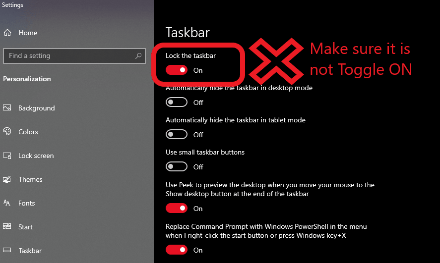 Press the toggle to uncheck the Lock Taskbar option