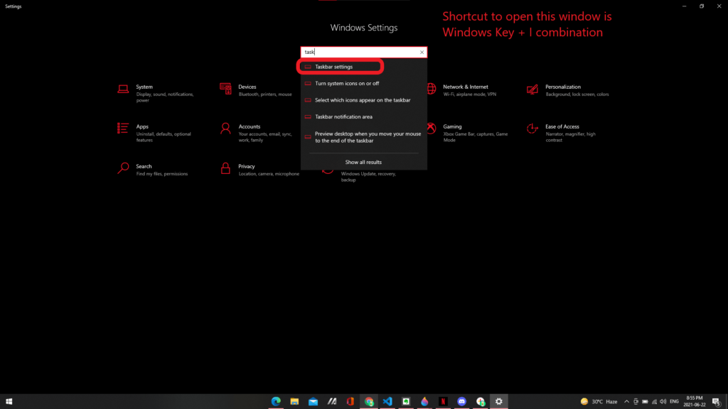 Open Windows Settings with Windows+I shortcut