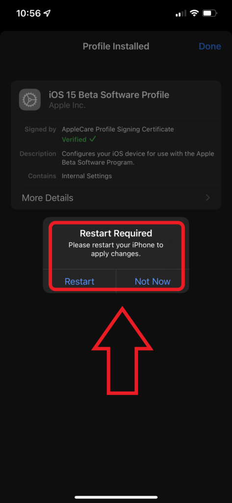 After install iOS will ask you to restart your device