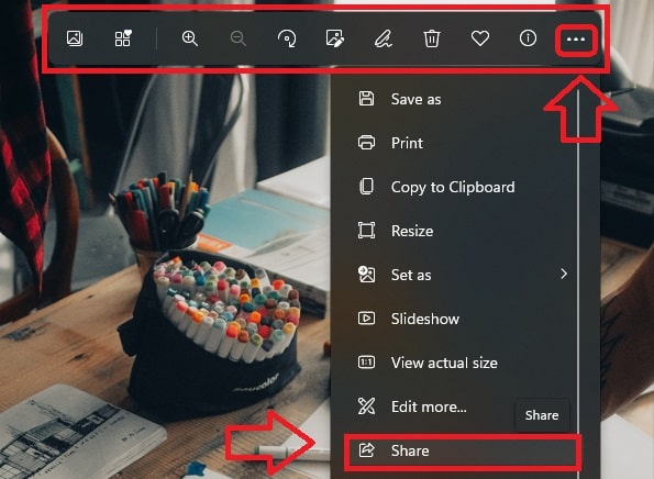 Share the media using the 'photos' application to share using nearby sharing on windows 11