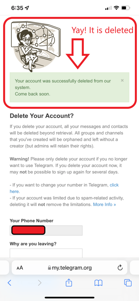 How to Delete Telegram Account? - Final step
