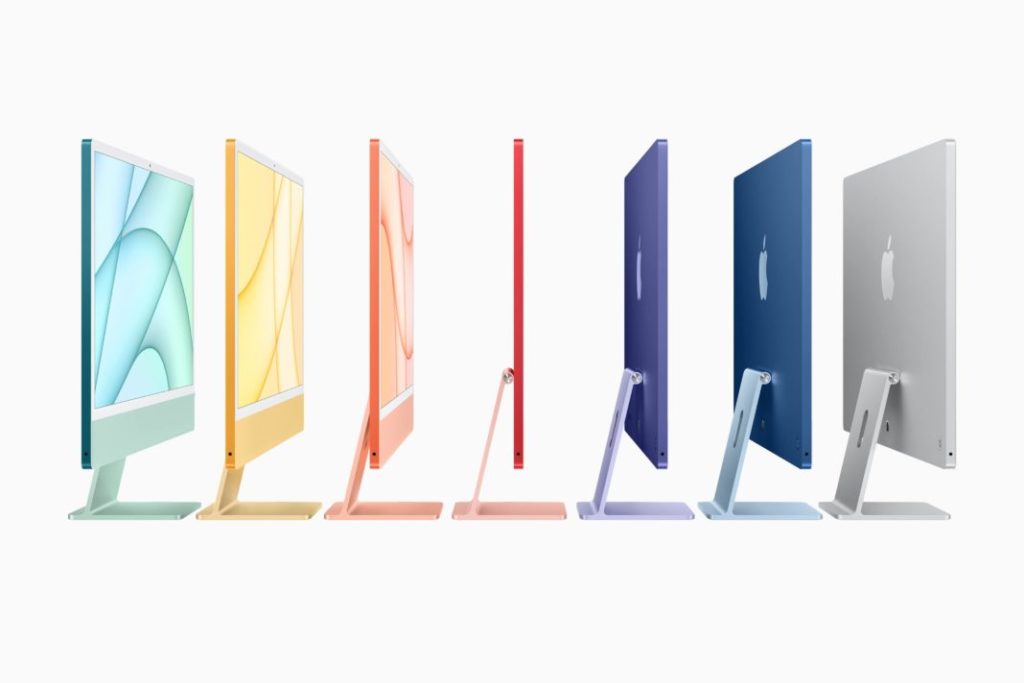 new iMac comes in a spectrum of seven vibrant colors — green, yellow, orange, pink, purple, blue, and silver