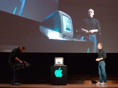 Steve jobs announcing the first colorful imac G3's